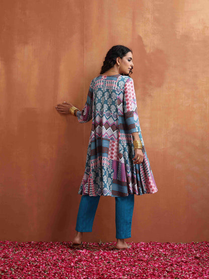 trueBrowns Blue Print Flared Anarkali Kurta Co-ord Set