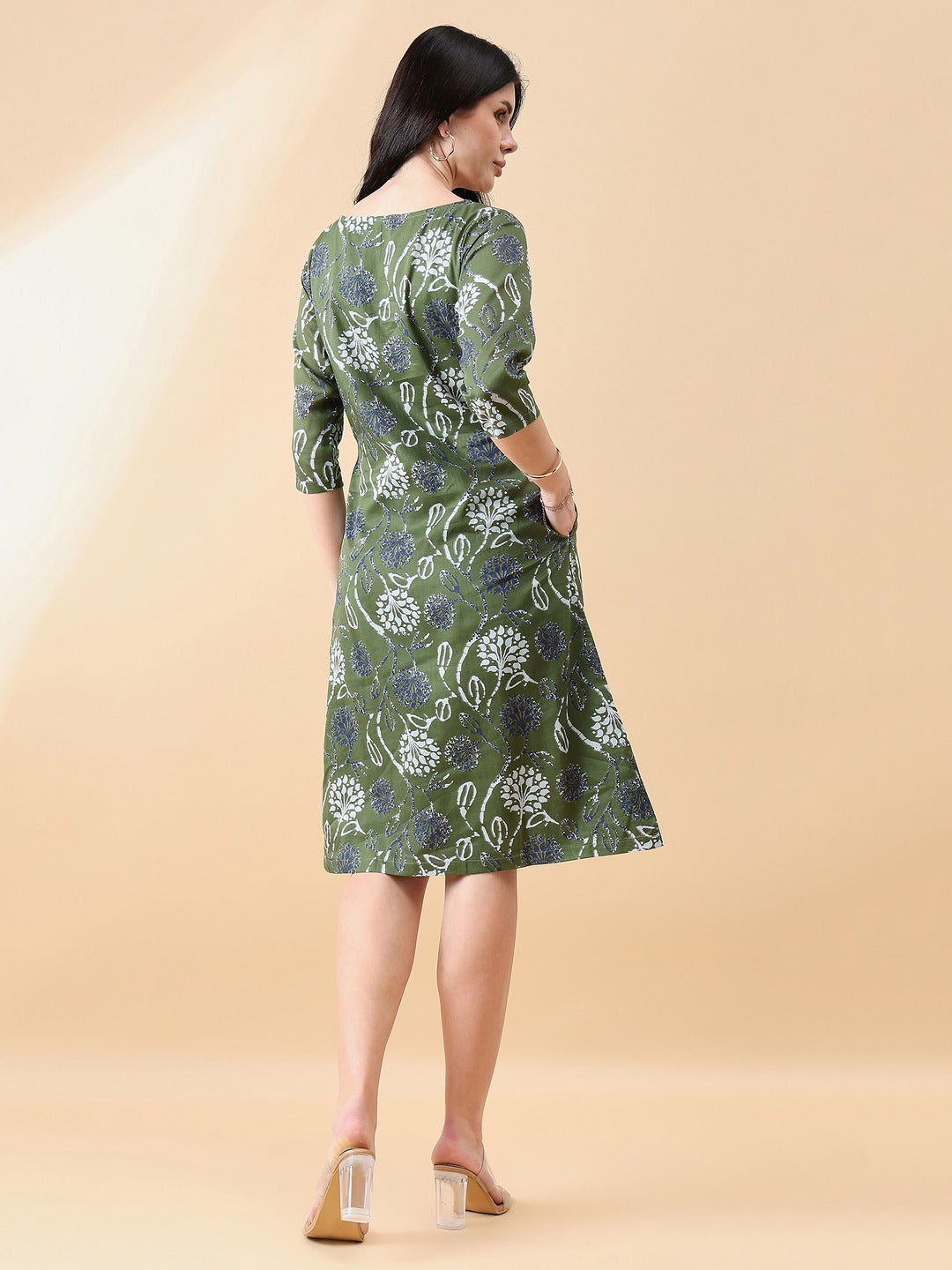 A-Line cotton floral printed dress- Olive