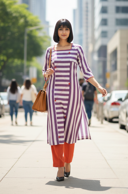 Maati  Lavender Stride Cotton Square Neck Panelled Long Kurta