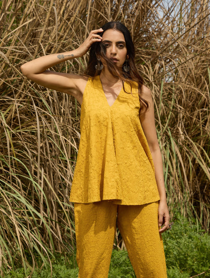 trueBrowns Mustard Cotton Embroidered Flared Co-ord Set
