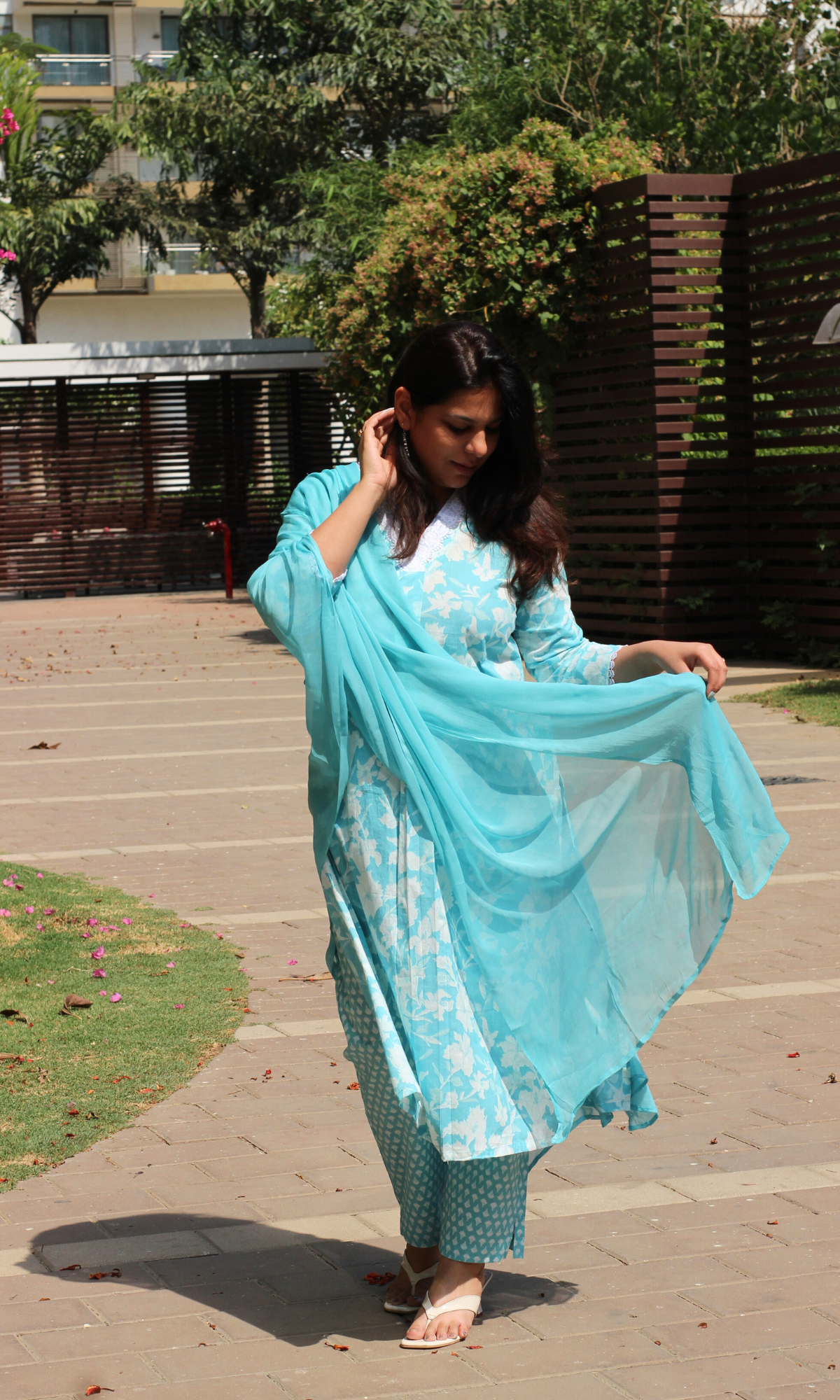Baareeki Cotton Blue Botanika Printed Suit with Chiffon Dupatta