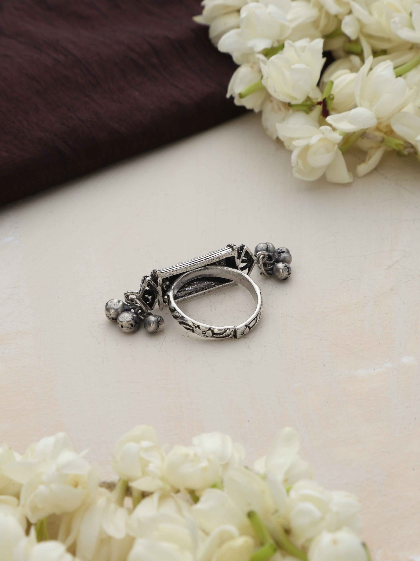 trueBrowns Silver Tone Rectangular Ghungroo Ring
