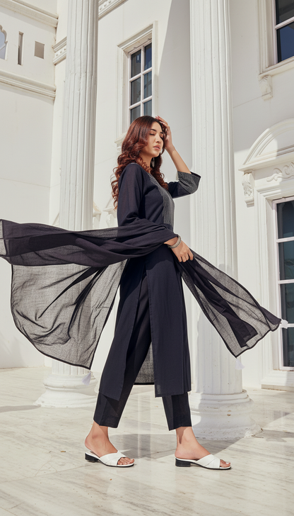 Black Cotton Slub Kurta,Pant and Dupatta 3PCS Set - LP