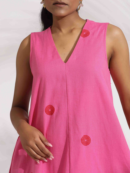trueBrowns Pink Cotton Embroidered Flared Dress