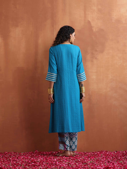 trueBrowns Blue Cotton Flared Anarkali Kurta Set