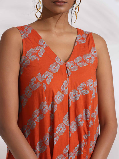 trueBrowns Orange Cotton Print Sleeveless Kurta Set