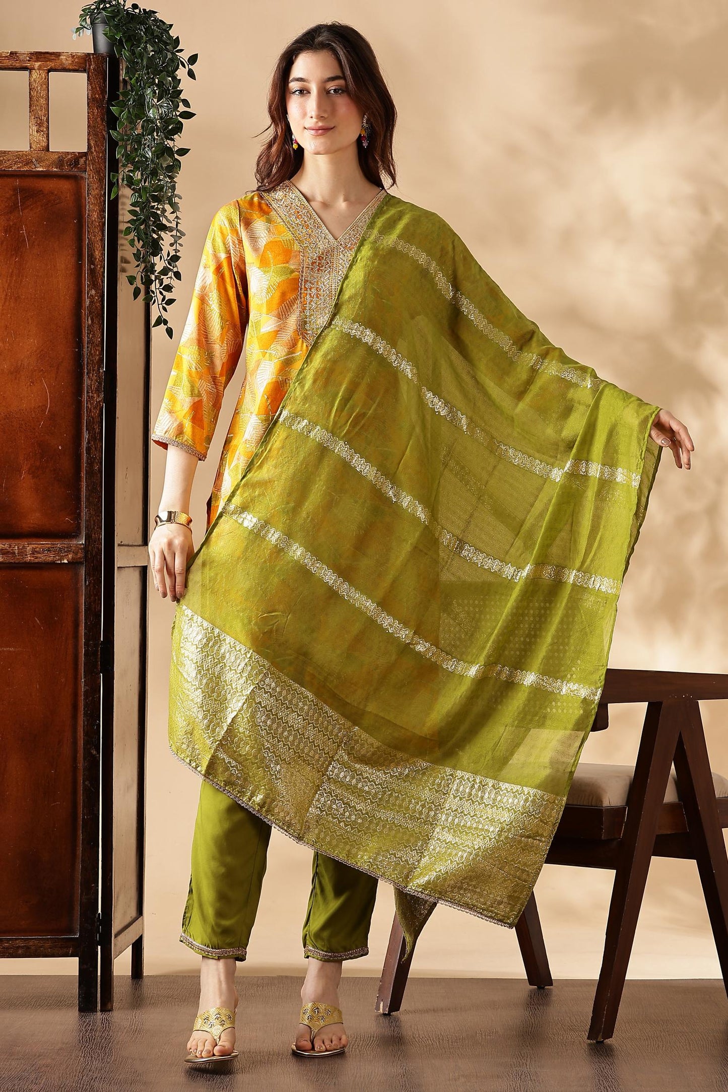 Mustard & Green Kurta,Pant with Pocket and Dupatta 3PCS Set - LP