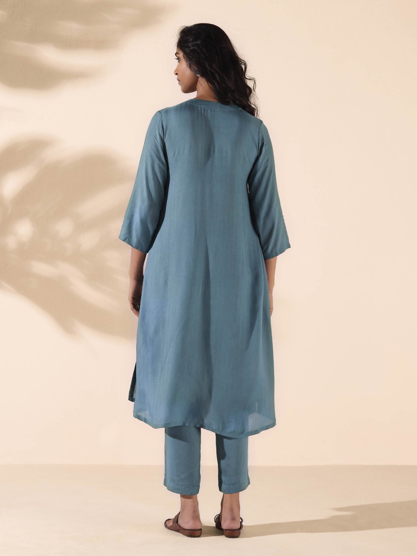 trueBrowns Turquoise Viscose Dobby Flared Kurta Pant Set