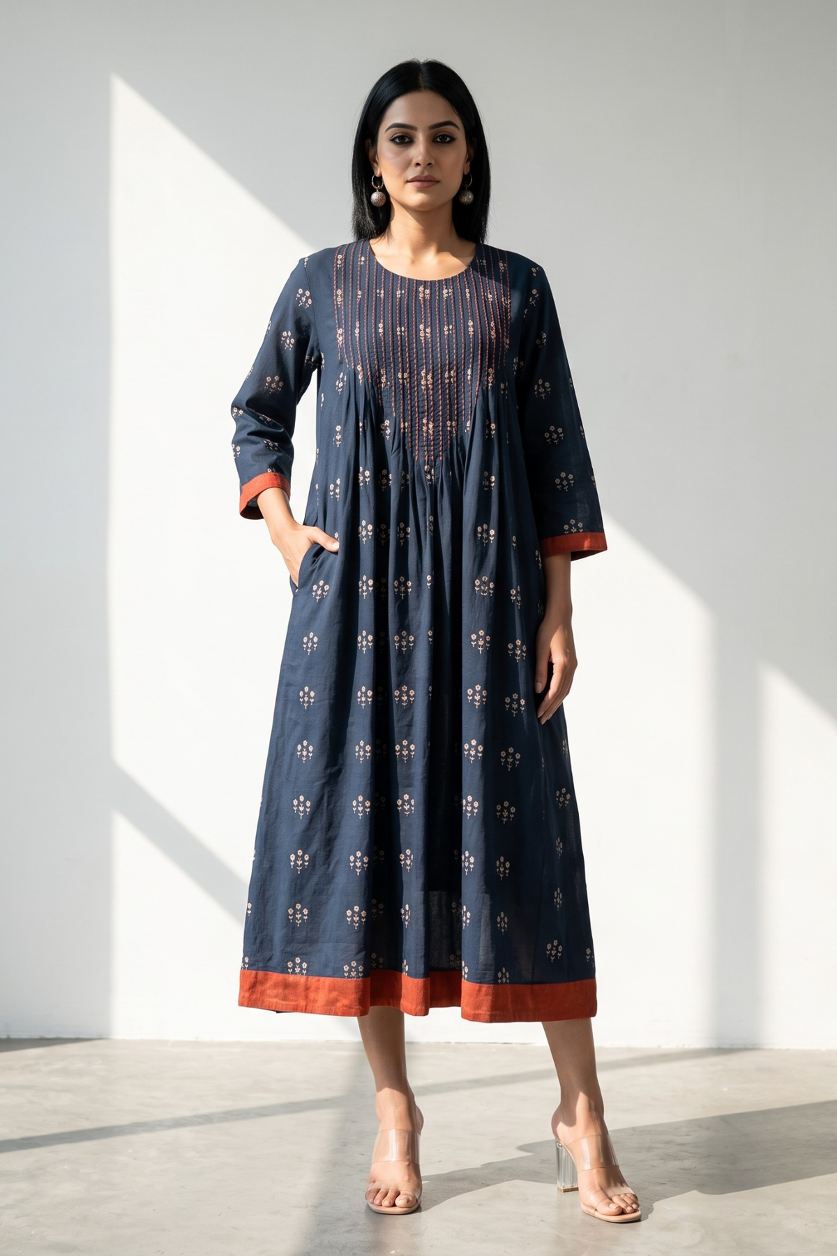 Navy Floral Bunch Cotton Kurta Top With Pintuck Mc