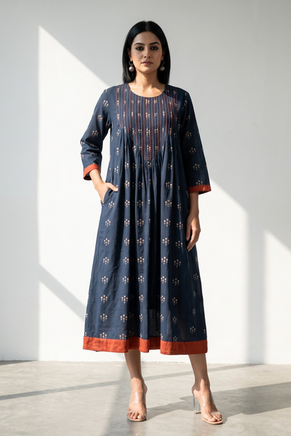 Navy Floral Bunch Cotton Kurta Top With Pintuck Mc