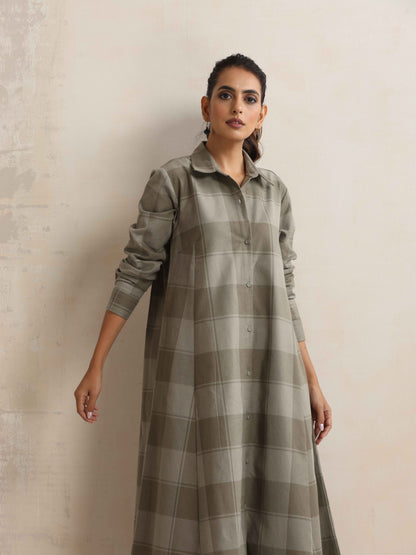 trueBrowns Green Check Flared Winter Dress