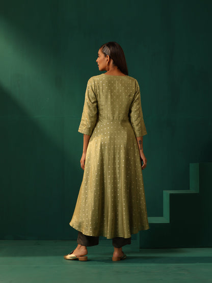 trueBrowns Green Square Viscose Silk Flared Kurta Pant Set