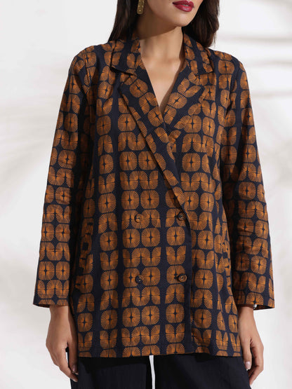 trueBrowns Black Cotton Print Jacket Top Co-ord Set