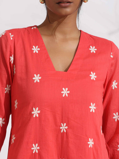 trueBrowns Orange Cotton Floral Embroidered Kurta Set