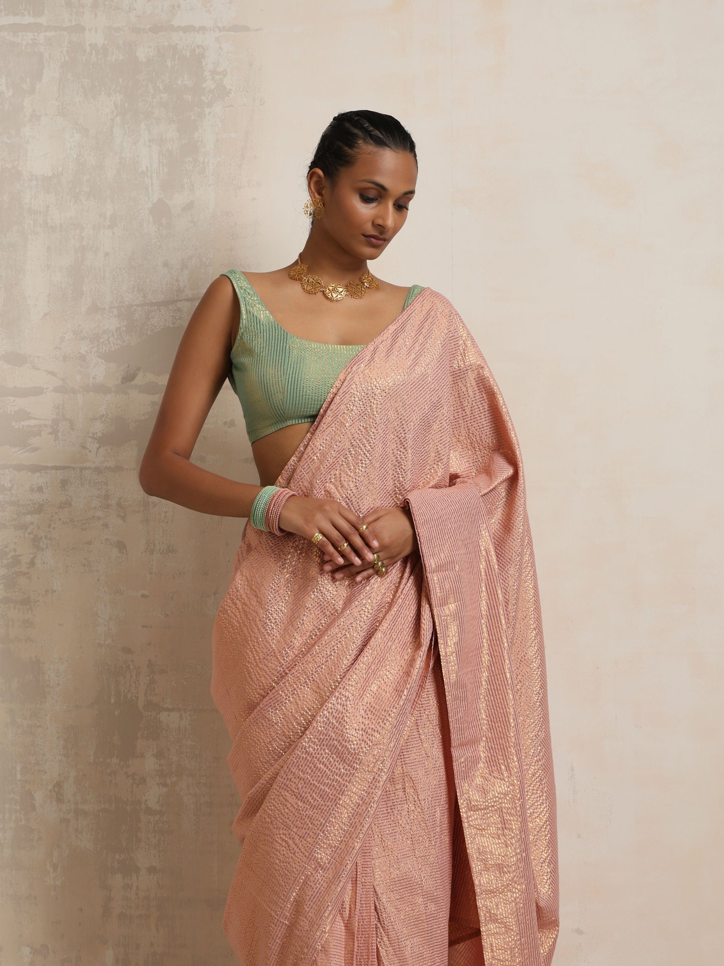 trueBrowns Pink Gold Lurex Ready To Wear Saree