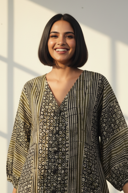 Maati  Olive Merlot Front Button Cotton Dress With Ruffle Border