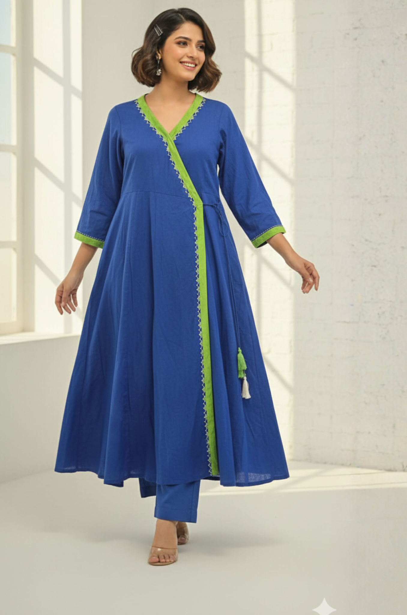 Maati  Lime Lagoon Tie-Up Cotton Angrakha Kurta