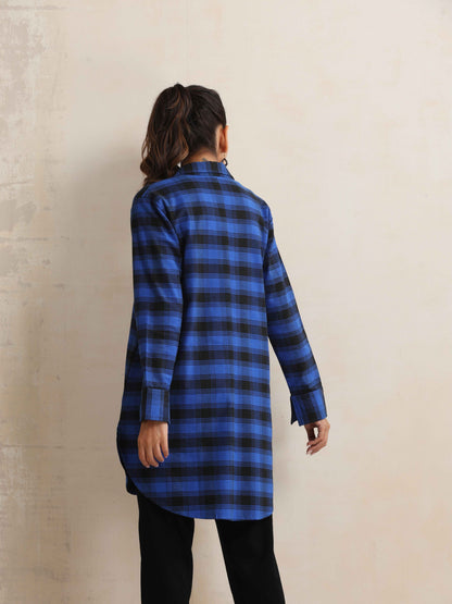 trueBrowns Blue Check Pleated Winter Top