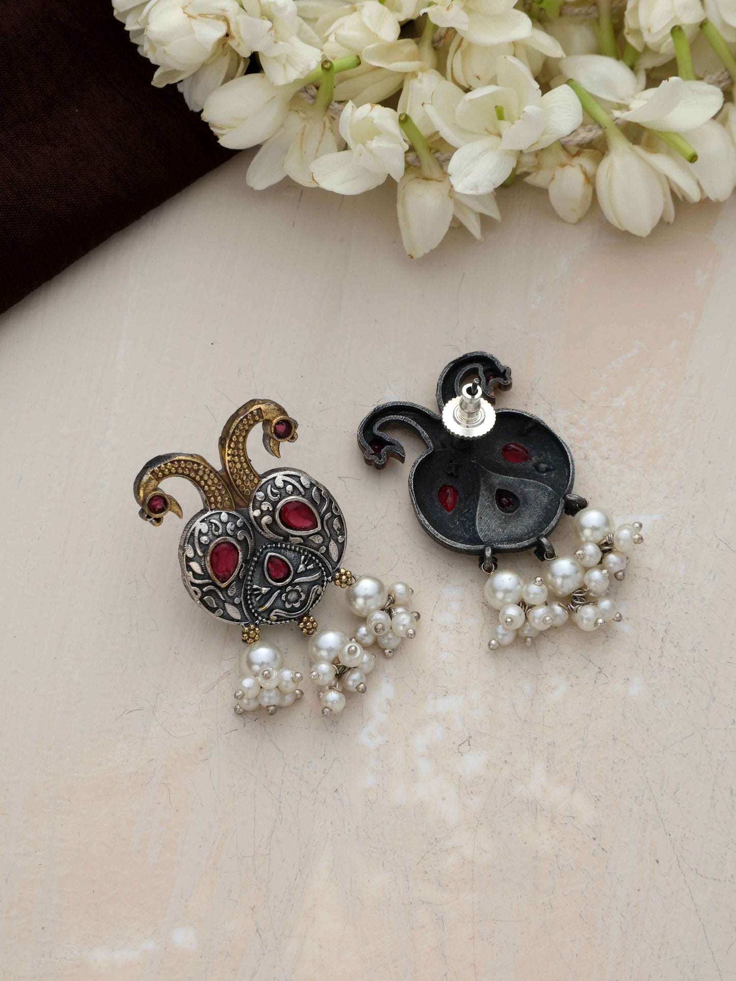 trueBrowns Silver Gold Tone Peacock Stud Earrings