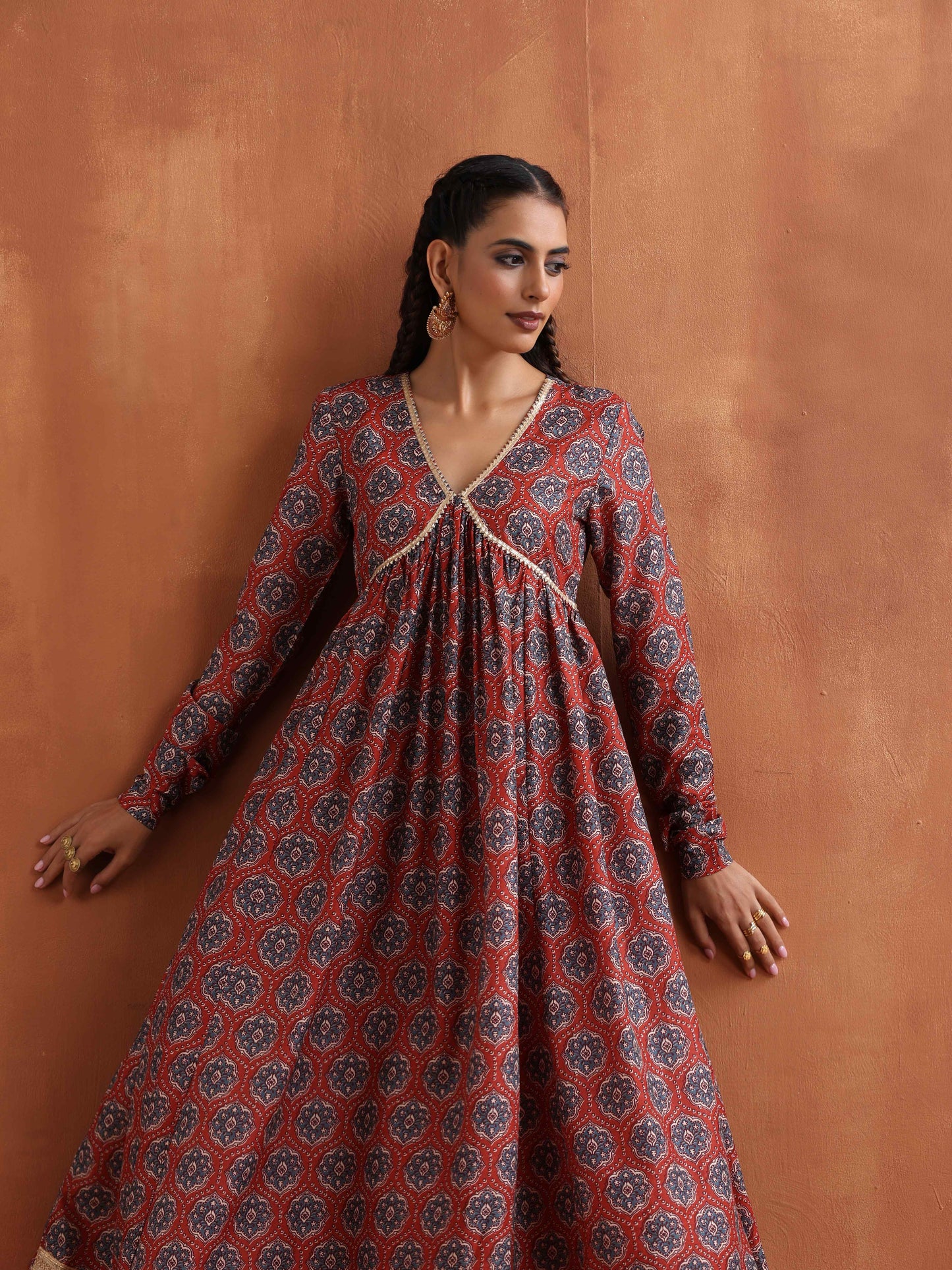 trueBrowns Rust Ajrak Print Flared Anarkali Kurta Set