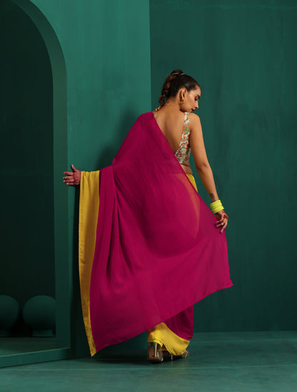 trueBrowns Lime Yellow Pink Muslin Silk Pre-Stitched Saree