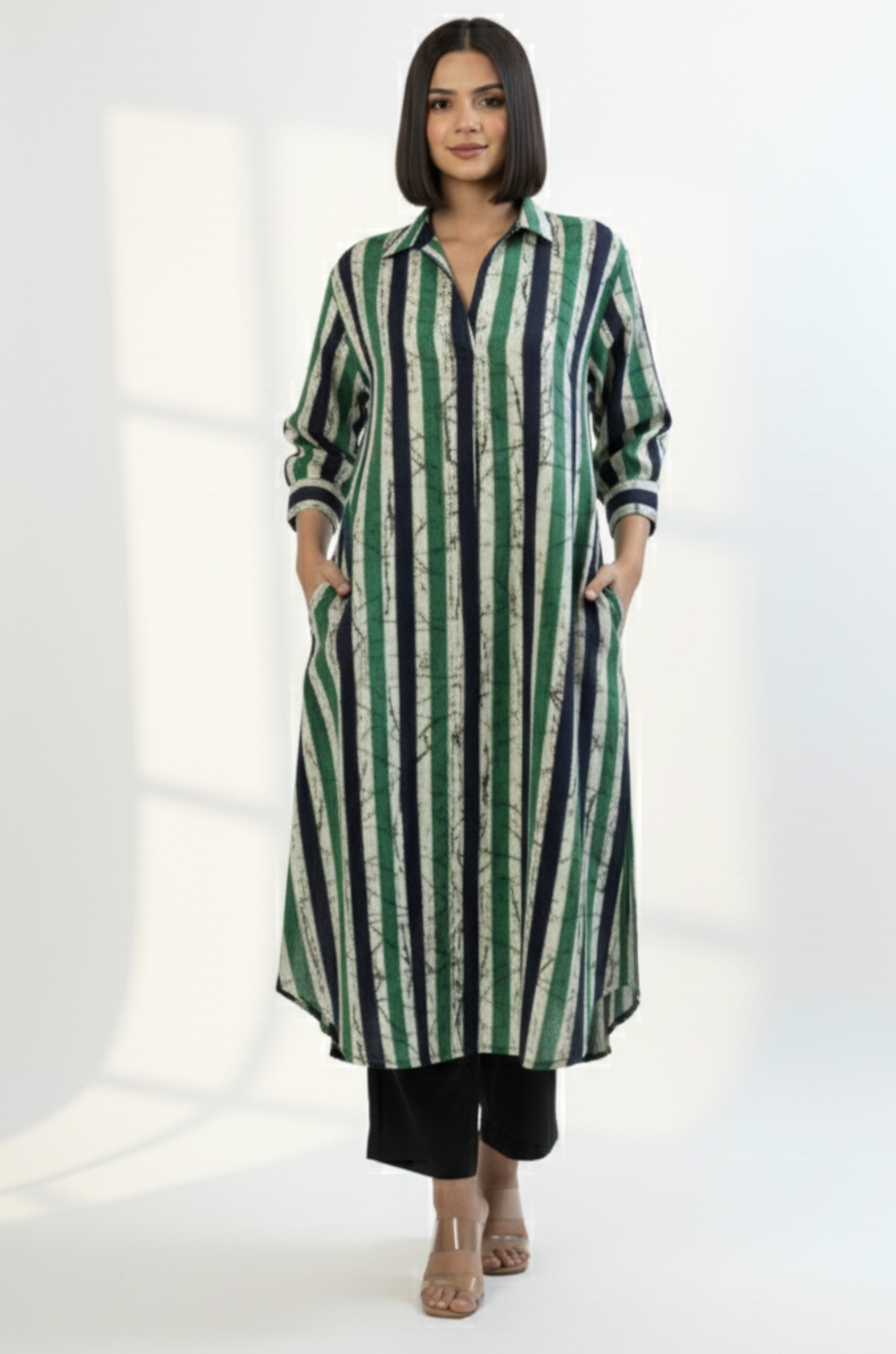Maati  Jade Bands Cotton Collar Box Pleat Kurta