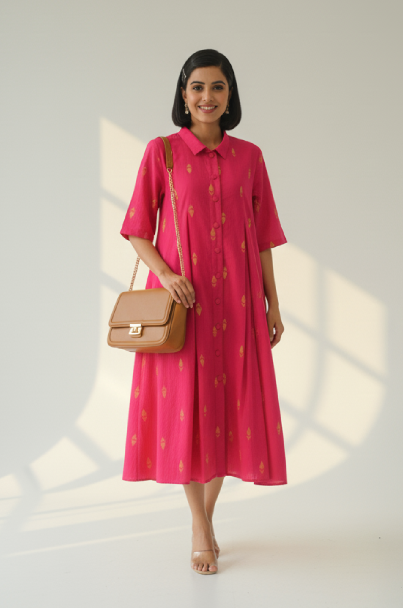 Maati  Sunlit Pink Cotton Box Pleat Button Down Shirt Dress