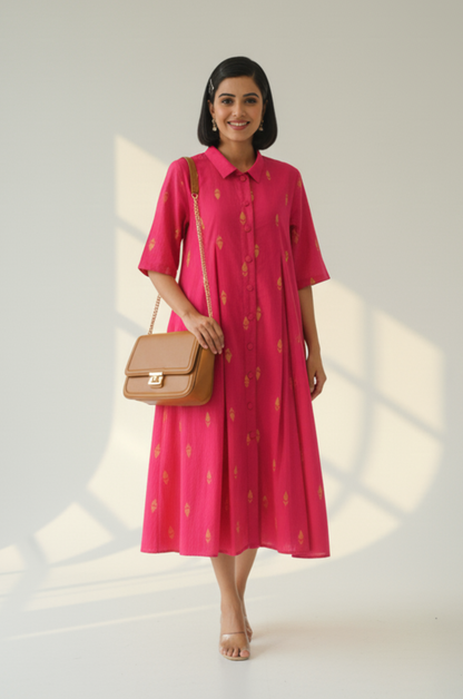 Maati  Sunlit Pink Cotton Box Pleat Button Down Shirt Dress