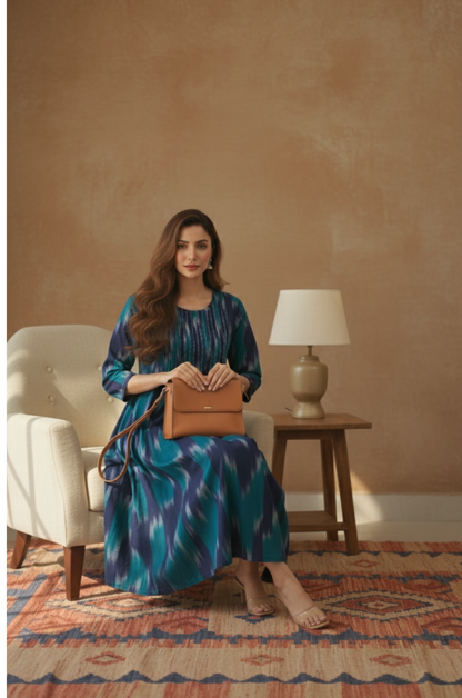Maati  Teal Dusk Cotton Ikat Pintuck Long Dress