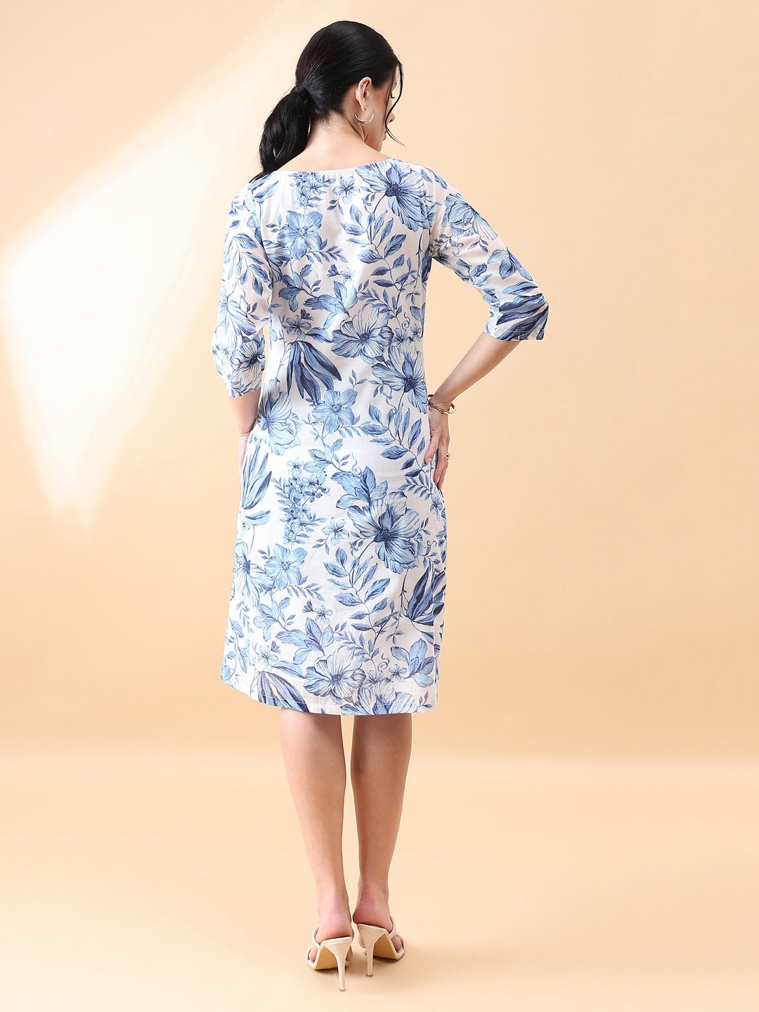 A-Line cotton floral printed dress- Blue & White