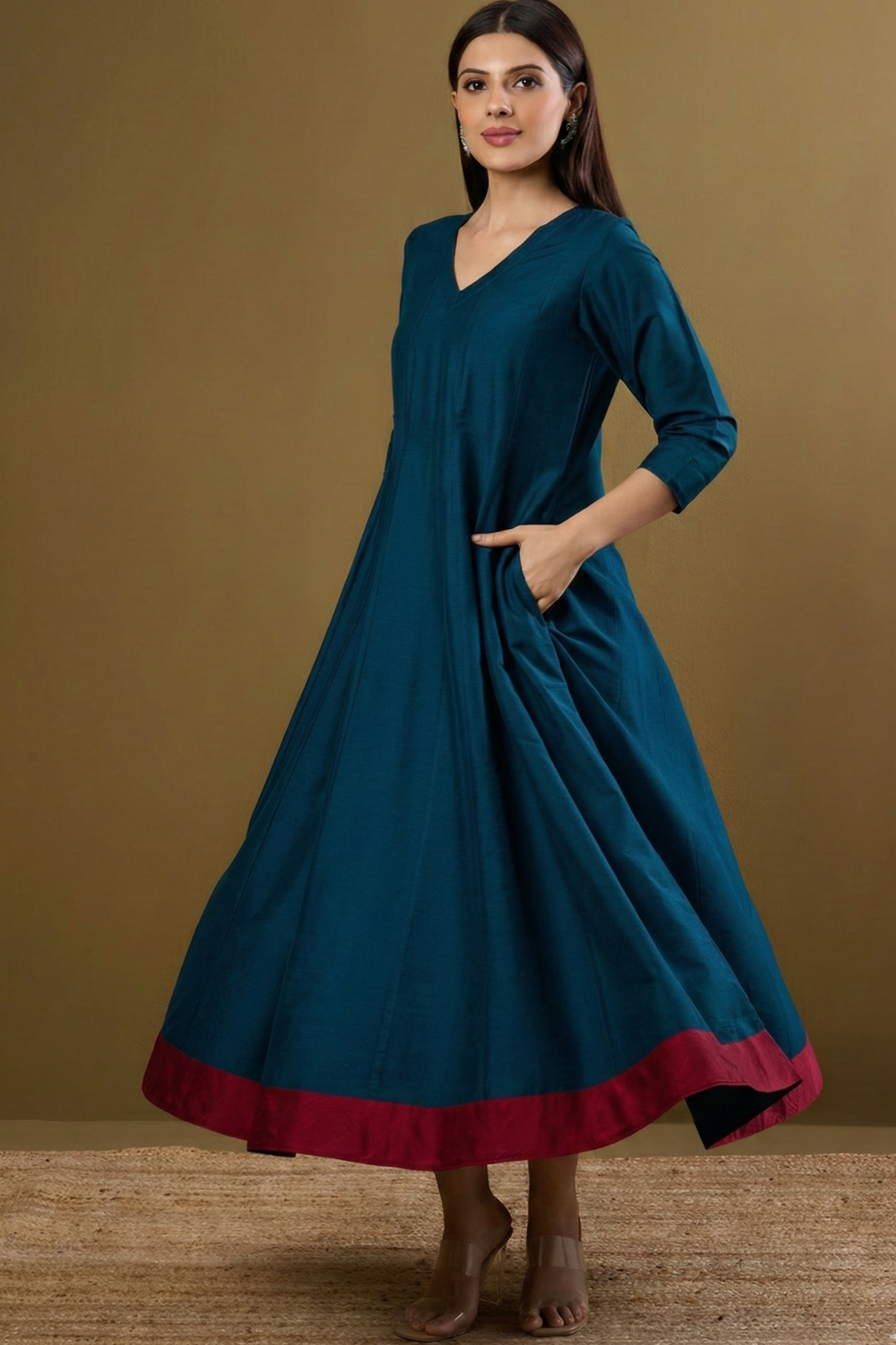 Maati Peacock Plush Luxe Silk Slub Long Maxi Dress With Sleeves