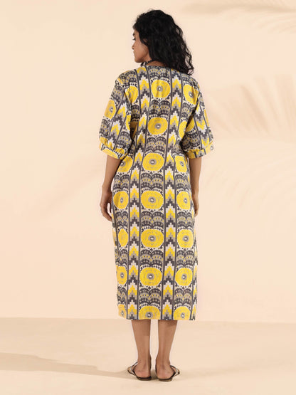 trueBrowns Yellow Cotton Ikat Slit Dress