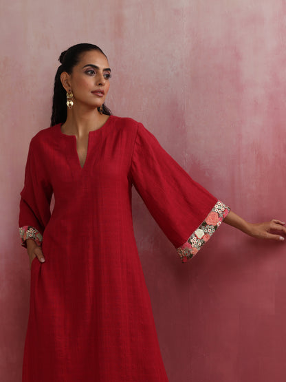 trueBrowns Red Straight Cotton Dobby Kurta Set