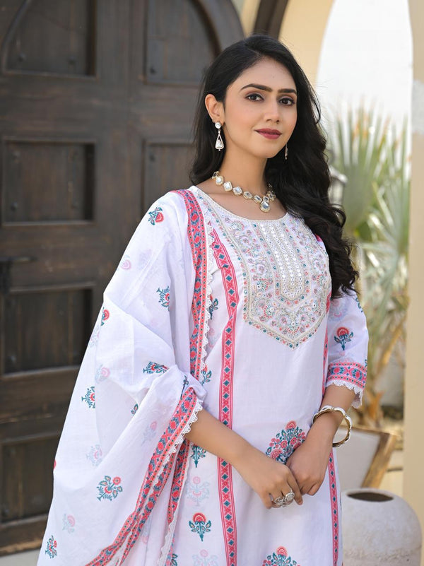 Pastel White Floral Cotton Kurta 3PC Set with Printed Dupatta LP