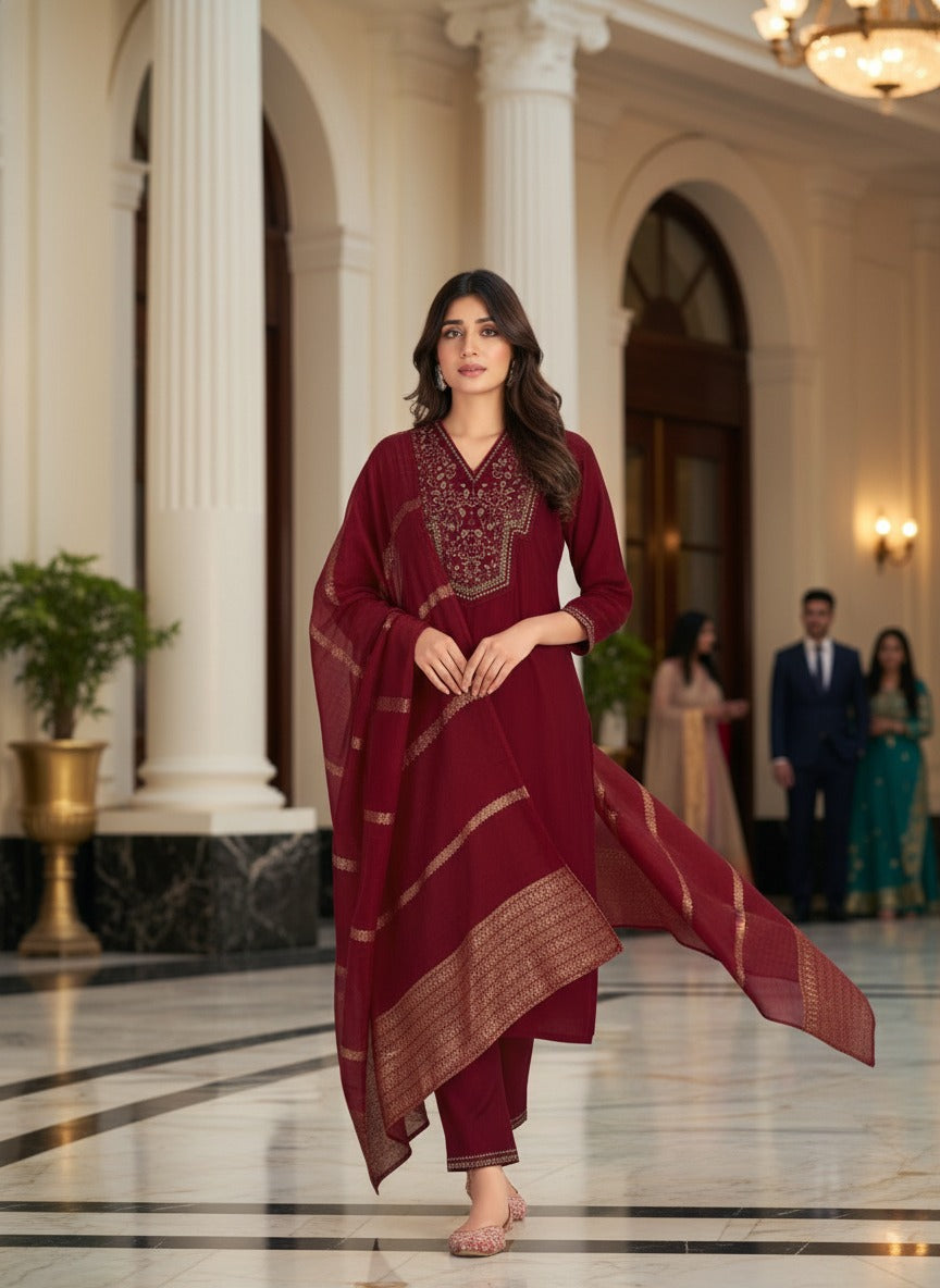 Maroon Golden Embroidered Chanderi Silk 3PCS Salwar Suit LP- 48Hr Delivery