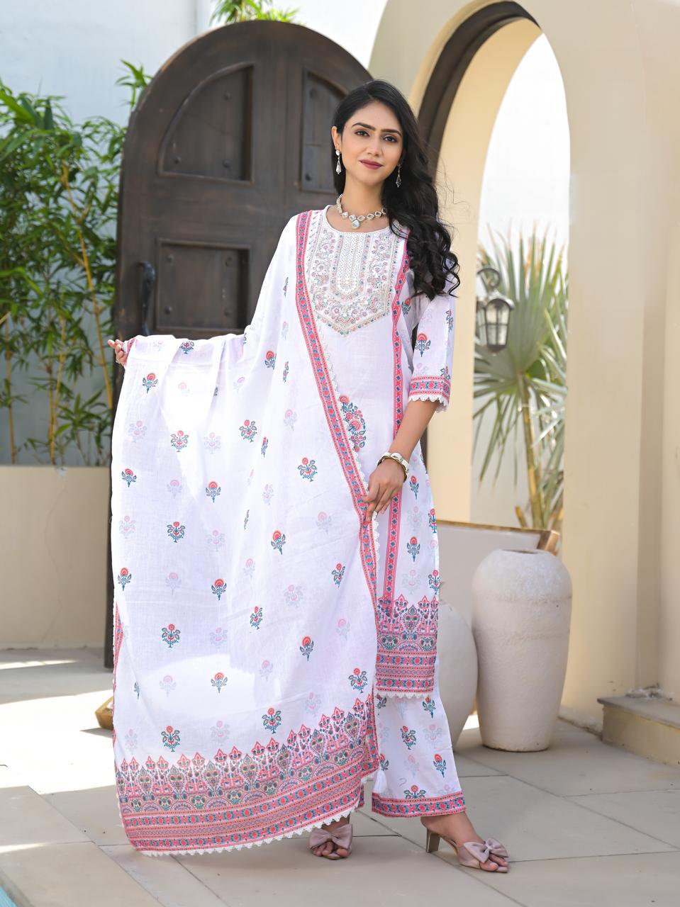 Pastel White Floral Cotton Kurta 3PC Set with Printed Dupatta LP