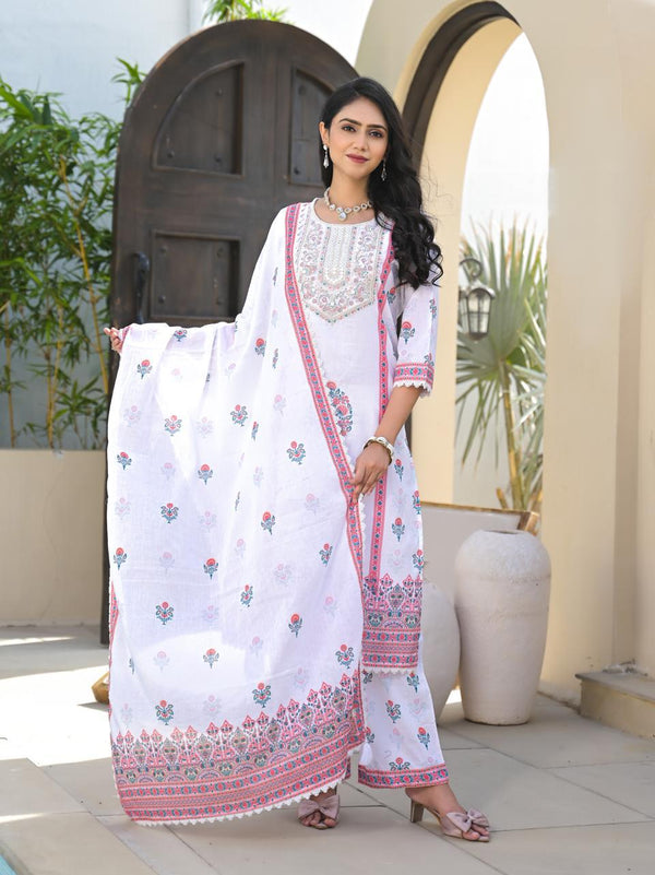 Pastel White Floral Cotton Kurta 3PC Set with Printed Dupatta LP