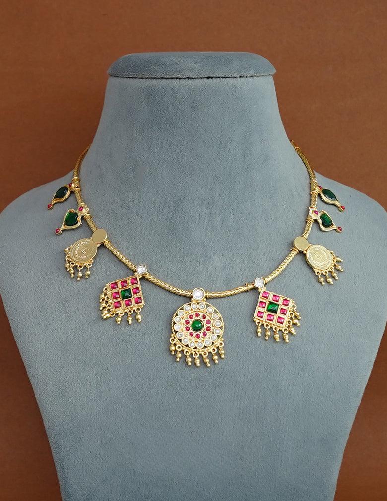 Kemp Stone Kaashu Coin & Palakka Traditional Necklace(Arya Maala)