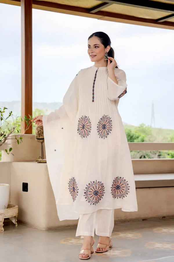 Reeval Mul Chanderi 3 Pcs Set Cream-48Hr Delivery