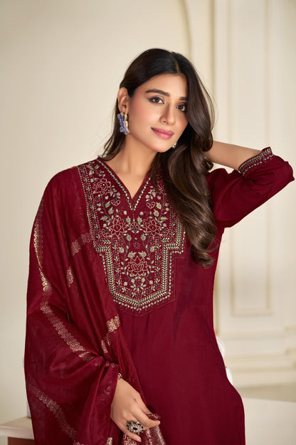 Maroon Golden Embroidered Chanderi Silk 3PCS Salwar Suit LP- 48Hr Delivery