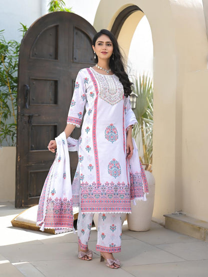 Pastel White Floral Cotton Kurta 3PC Set with Printed Dupatta LP