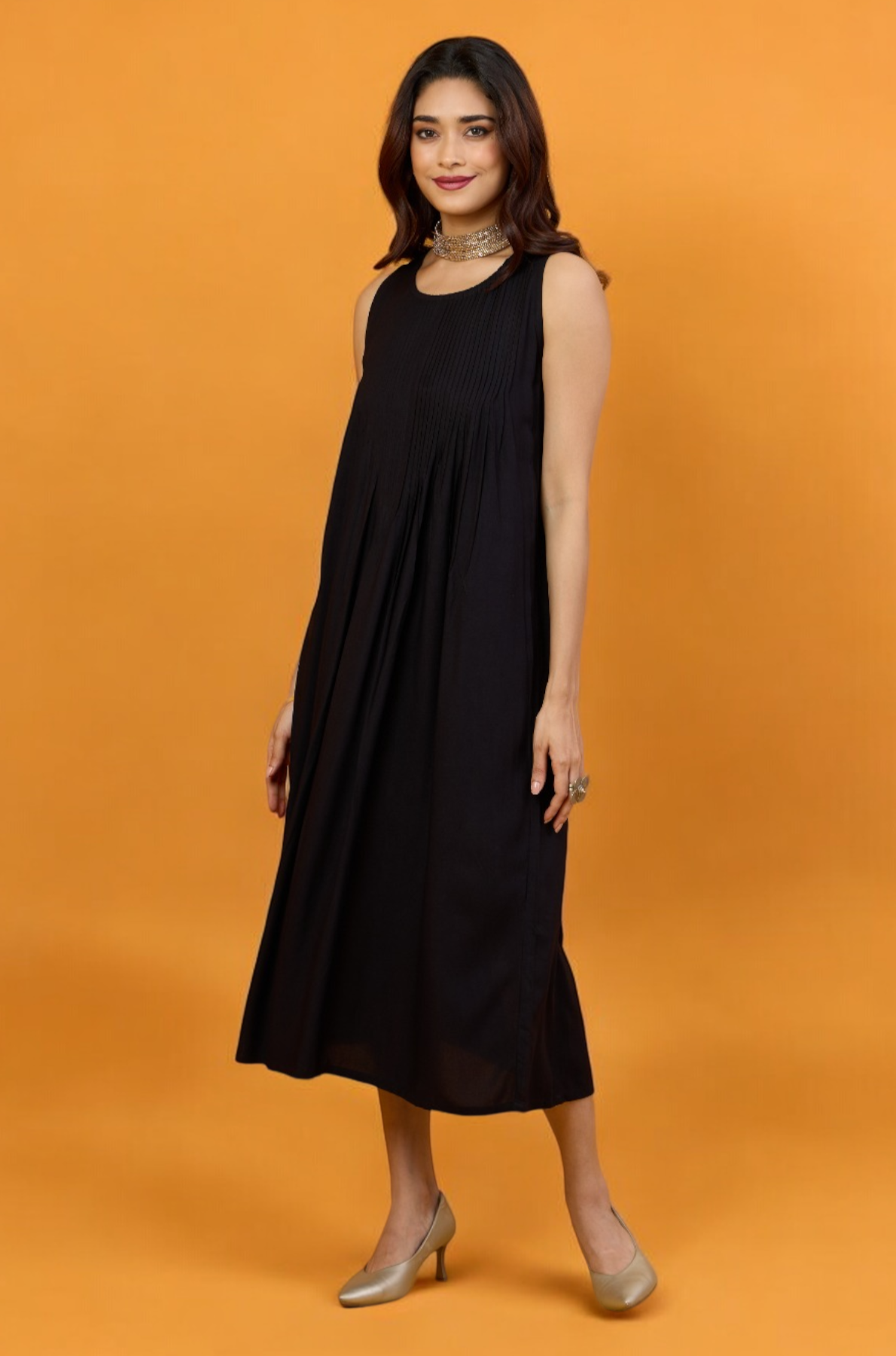 Timeless Onyx Pintuck Sleeveless Dress