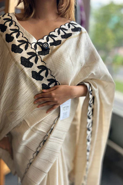 Semi Tussar sarees applique border- Black Pattern 1
