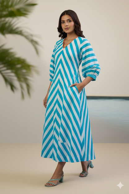 Maati Craft Gulabi Sky Stripes V-Neck Cotton Midi Dress with Elevated Sleeves