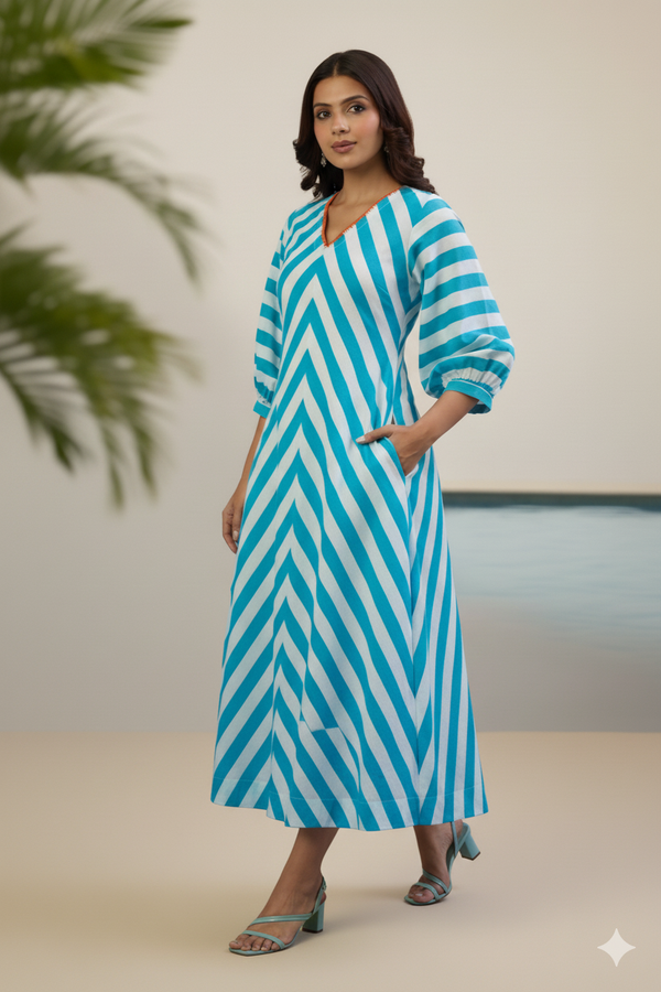 Maati Craft Gulabi Sky Stripes V-Neck Cotton Midi Dress with Elevated Sleeves
