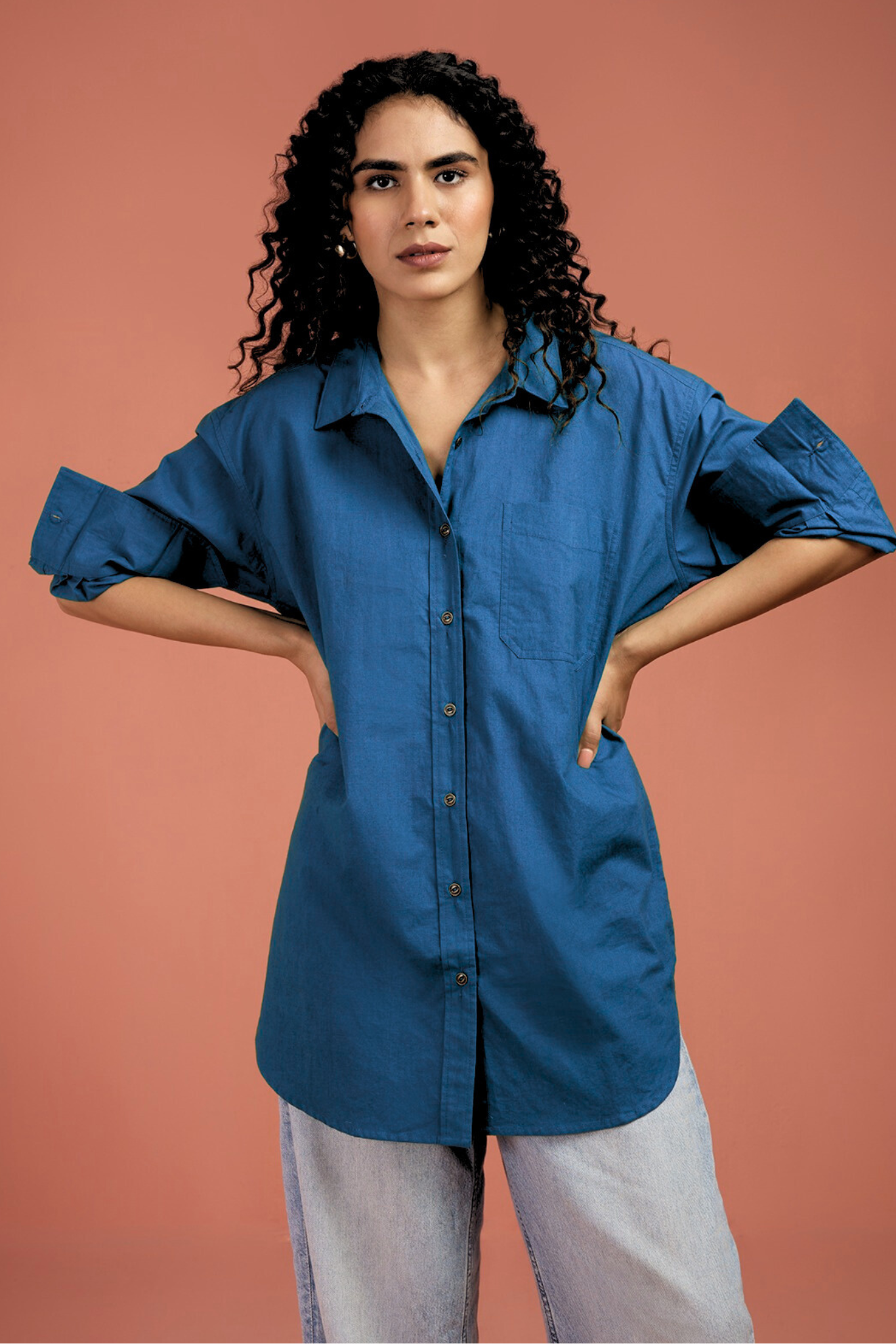 Maati Craft Oversized Longline Casual Shirt Ocean Tide