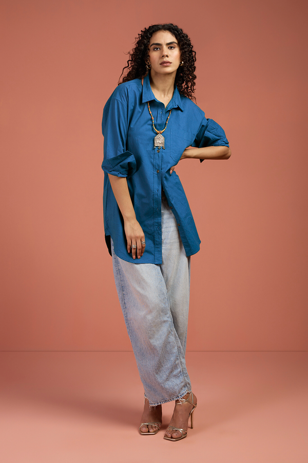 Maati Craft Oversized Longline Casual Shirt Ocean Tide