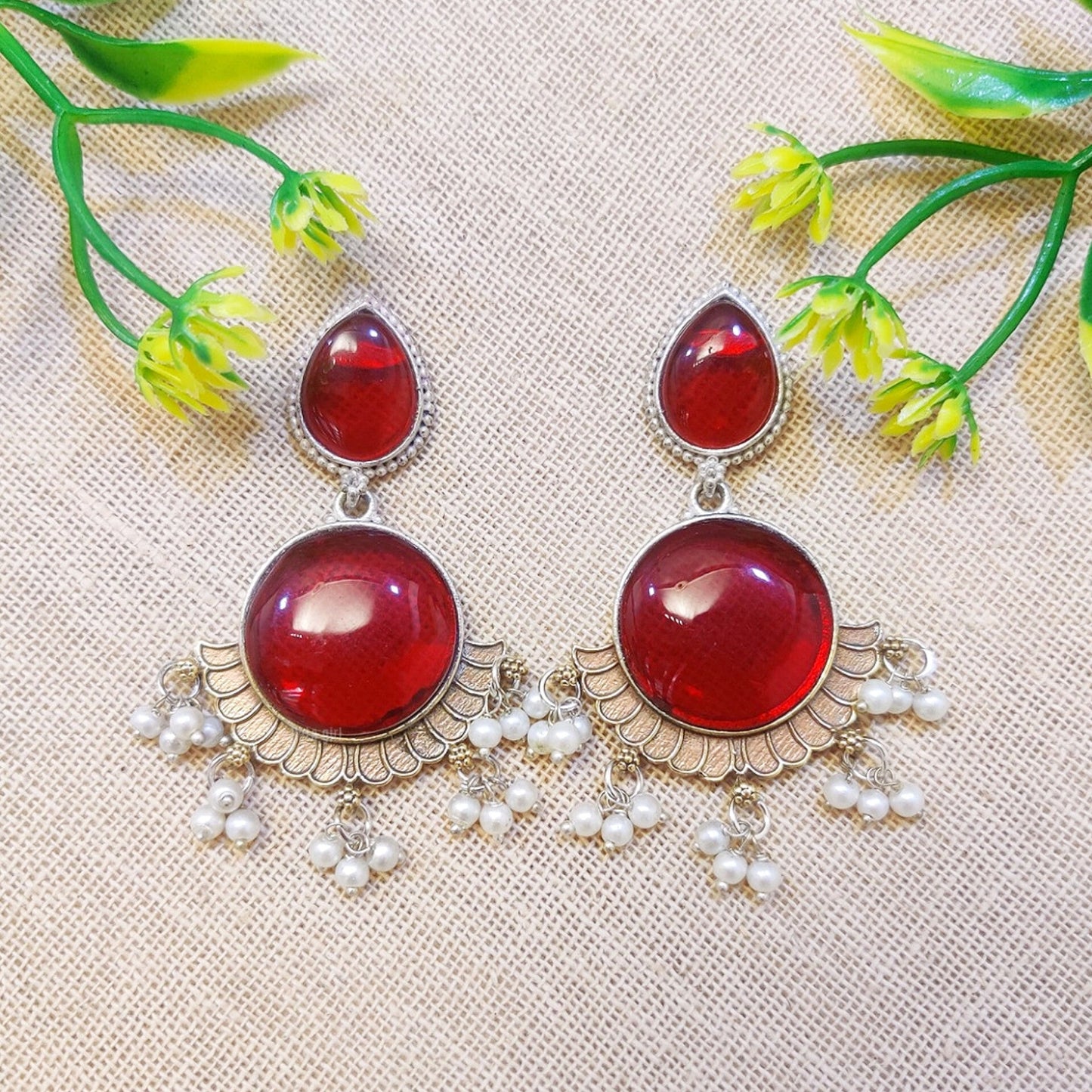 Red Stone Pearl Beaded Earring