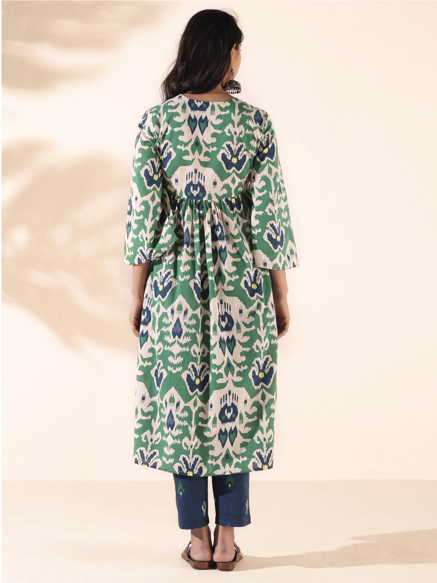 trueBrowns Green Cotton Ikat Flared Kurta Pant Set
