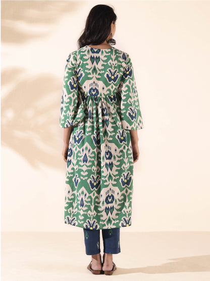 trueBrowns Green Cotton Ikat Flared Kurta Pant Set